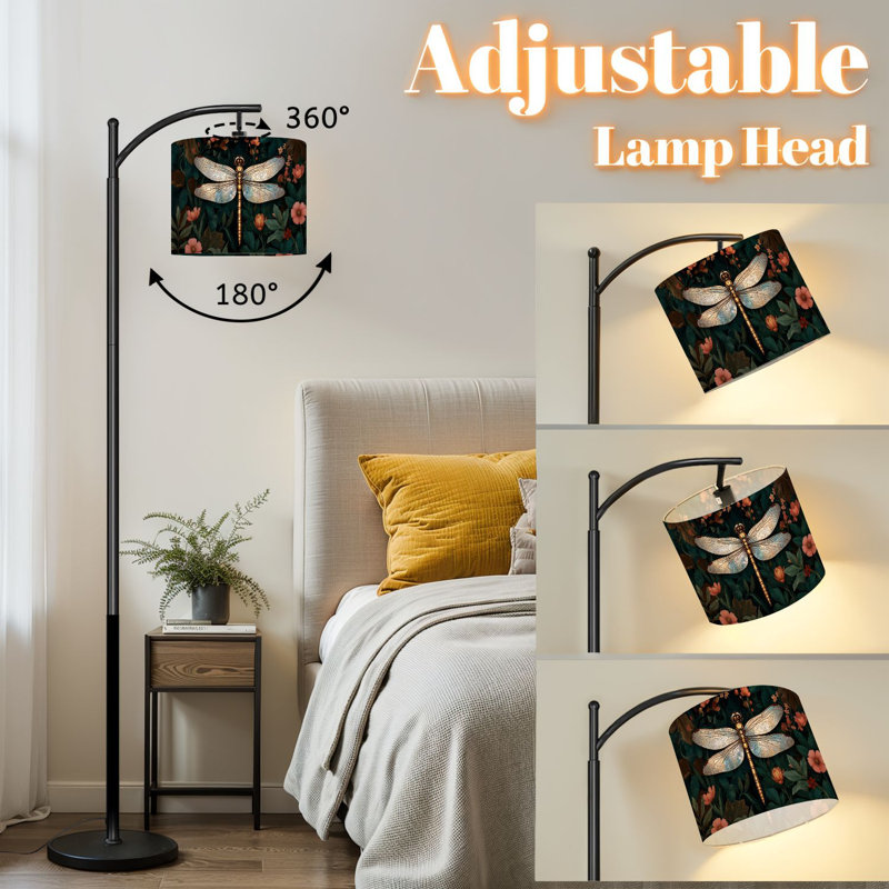 Lampe sur pied à arc avec abat-jour réglable Fleurs vertes foncées dessinés à la main Lampe sur pied en grès naturel à 3 températures de couleur avec gradateur pour interrupteur au pied