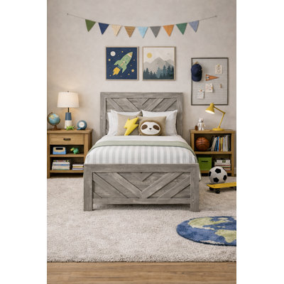 Claudette 3D Chevron Panel Bed with Rustic Wood Grain Texture — 