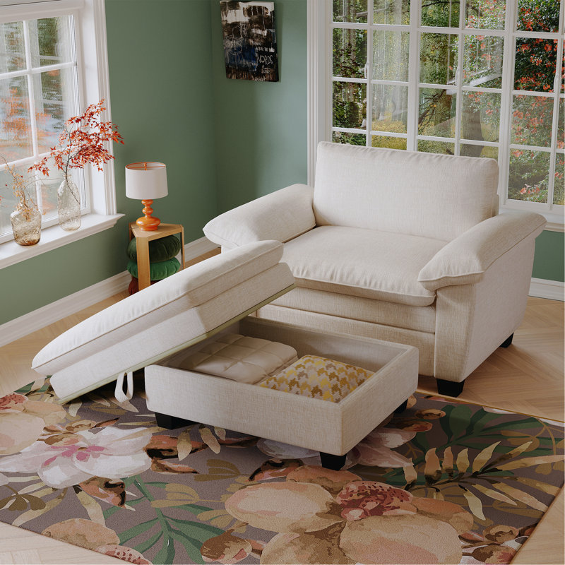 Méridienne surdimensionnée de 51 po avec repose-pieds et chenille douce rembourrée avec rangement, Beige