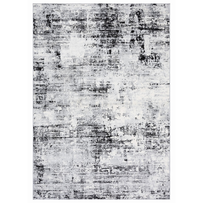 Abstract Power Loom Black/Ivory Area Rug, Rectangle 5'3" x 7'6"