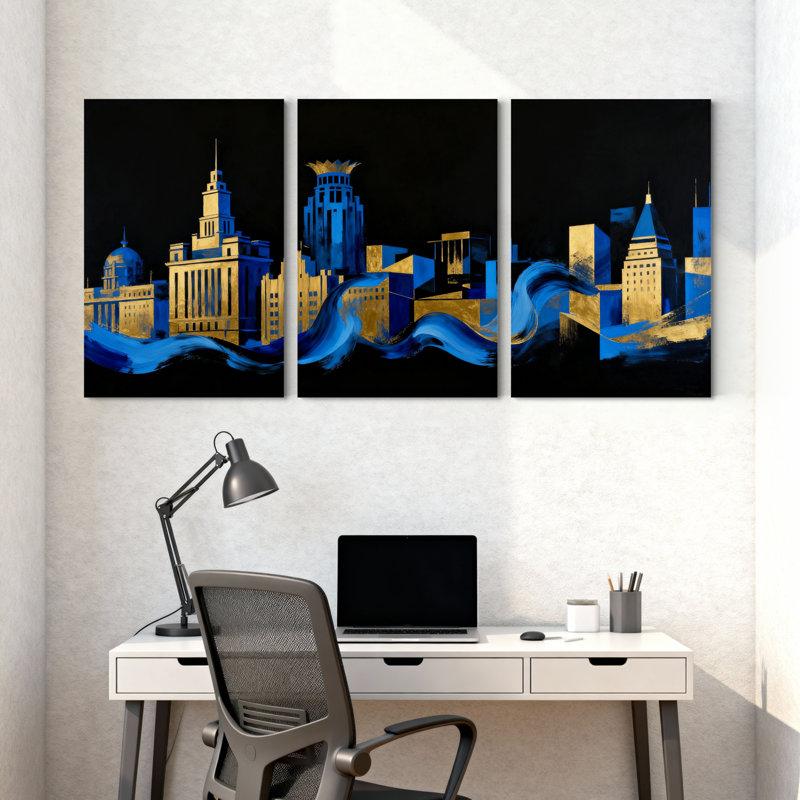 Cités et pays, paysage urbain, or bleu, art abstrait, ensemble de 3 impressions sur toile, H 30 po x l 60 po