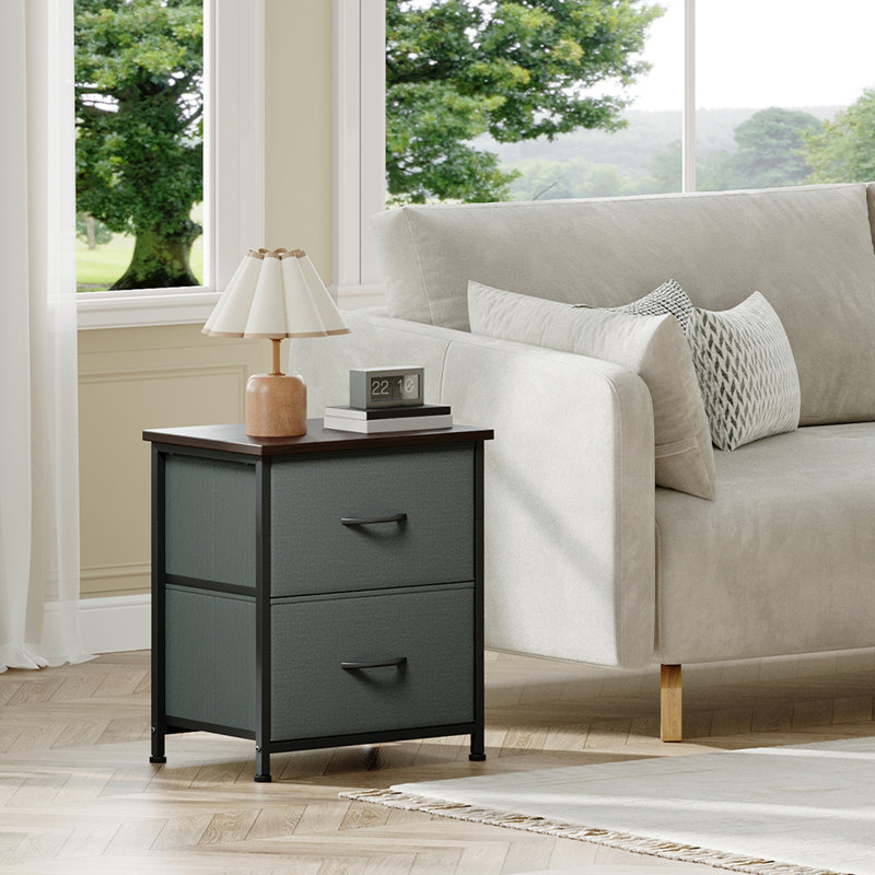  Table de chevet, petite commode 2 tiroirs, table de chevet légère et portable, Gris anthracite / noir