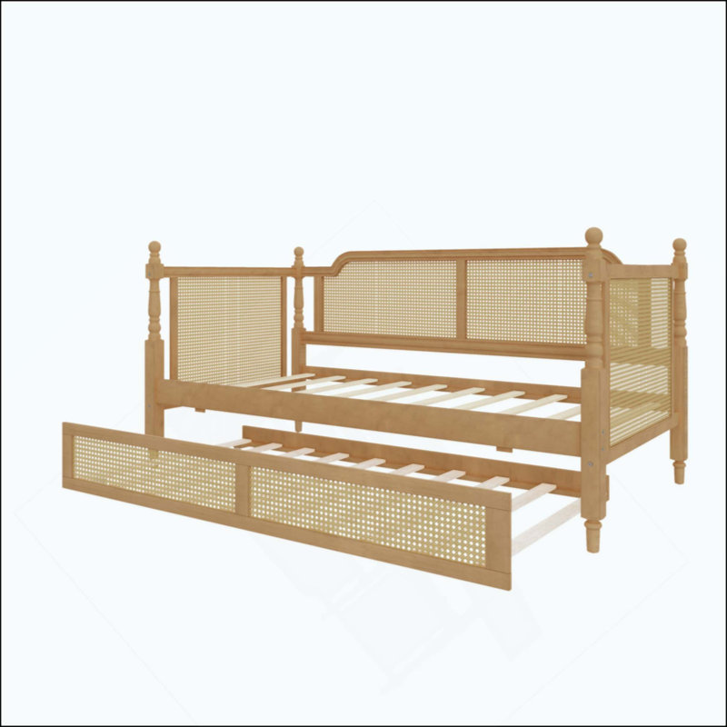 Lit de jour en rotin de style traditionnel avec lit gigogne pour un espace limité, chambre d'amis, aucun sommier nécessaire