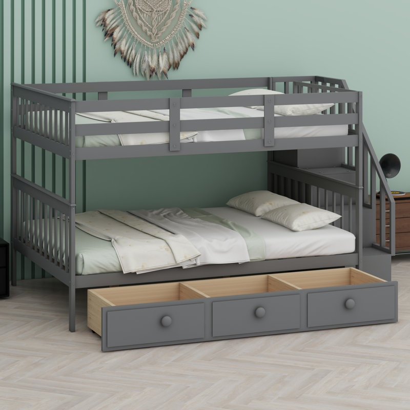 Lit superposé avec tiroir, rangement et garde-corps pour la chambre à coucher, Gris