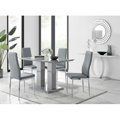 Eubanks High Gloss Double Pillar Dining Table Set with 4 Luxury Faux Leather Dining Chairs