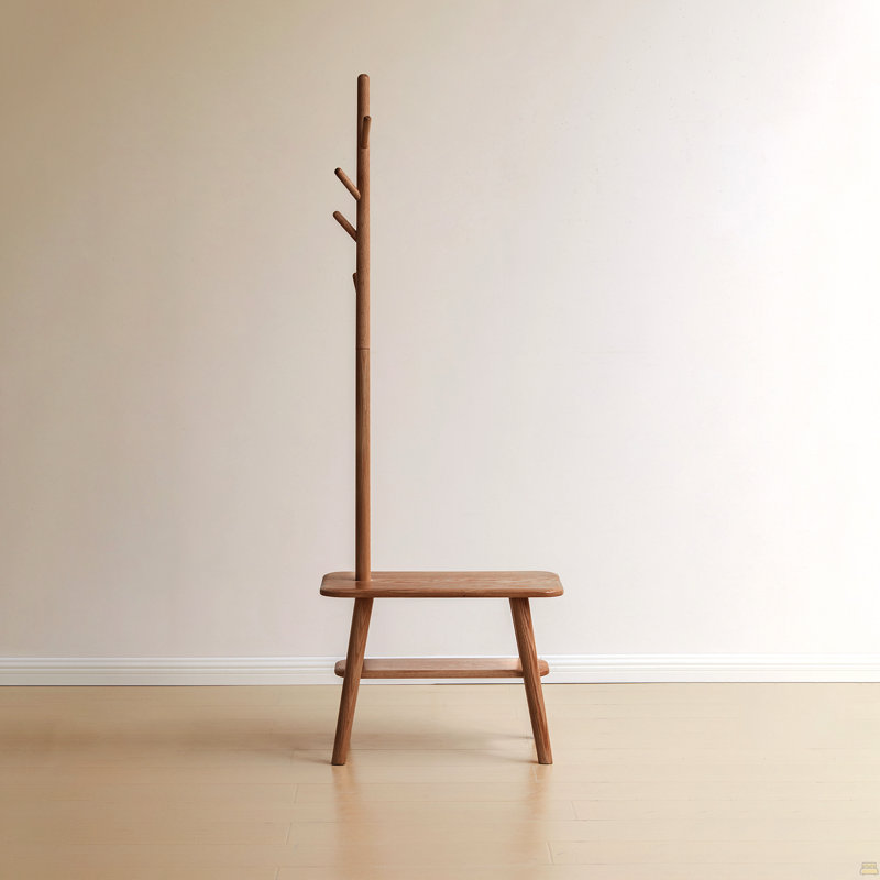 (Couleur noyer) Tabouret à chaussures en bois massif naturel avec cintre en tissu, banc de rangement moderne Mid-Century avec coussin éponge à rebond élevé pour le vestibule et les espaces de vie