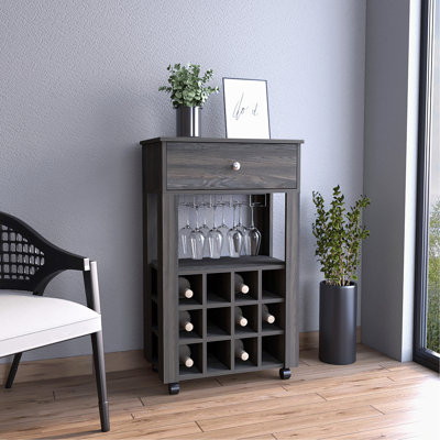 Bar Cart, Twelve Built-In Wine Rack, Four Legs, One Open Shelf