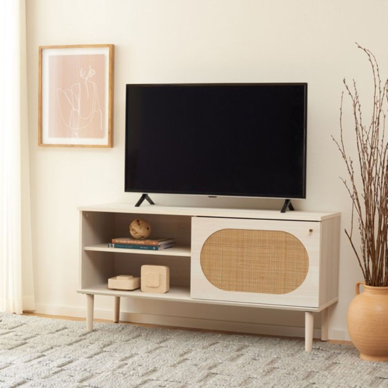Claude 1 Door 2 Shelf TV Stand, Bleached White / Natural Rattan