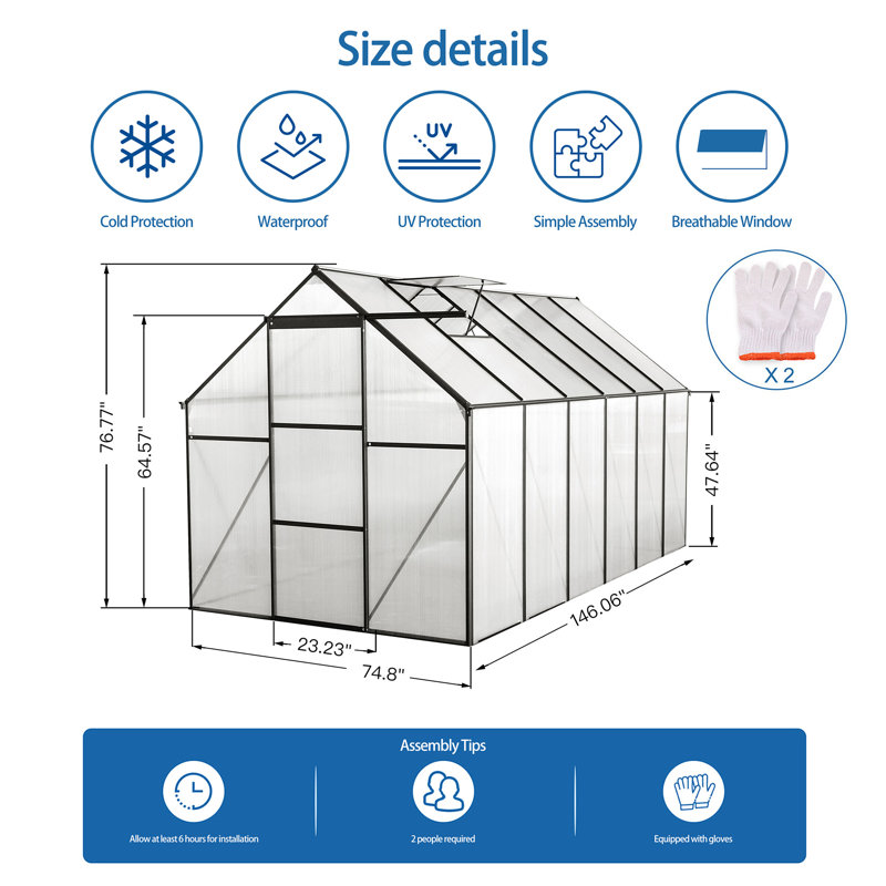 Base surélevée en polycarbonate de 6 pi x 12 pi et serres robustes en aluminium pour ancrage pour cour arrière en toute saison