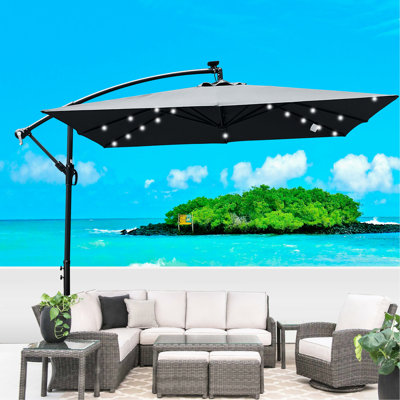Parasol carré extérieur 2,5 x 2,5 m avec éclairage solaire et hydraulique, 8 baleines, ouverture par manivelle, base en croix pour terrasse, éclairage DEL intégré, idéal pour la piscine.
