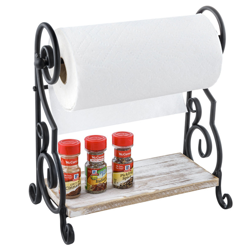 Metal and Wood Freestanding Paper Towel Holder, Whitewashed