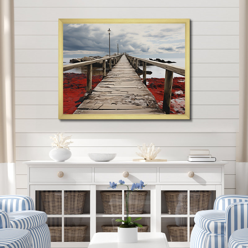 Tawnya Beach Pier Perspect Black VII sur impression sur toile, H 16 po x l 32 po x P 1 po, Encadrement doré