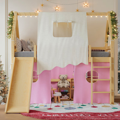 Twin Size House Loft Bed with Sills and Tents, Solid Wood Loft Bed with Ladders and Slide, Chic Design with Lights, No Box Spring Needed, Natural+Pink