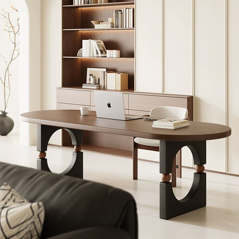 Bureau ovale brun en bois massif, 29.53"H × 86.61"L × 23.62"W