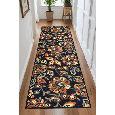 Tapis de couloir motif floral noir imprimé sur mesure à la machine par Feet