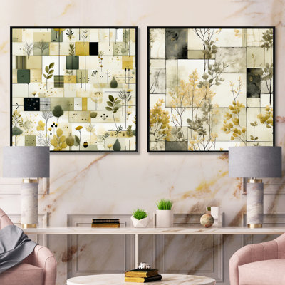 Green Cubic Botanical Dreams - Ensemble de 2 collages carrés botaniques abstraits