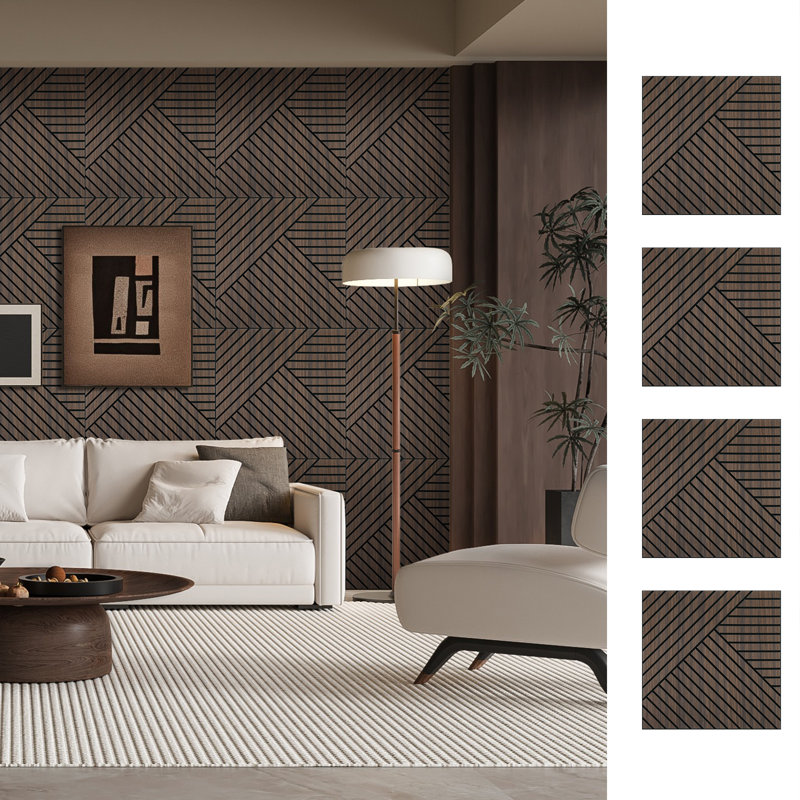 Panneau mural insonorisant 0,4 po x 24 po x 24 po à motif de rayures auto-adhésives noyer (paquet de 4), Smoke oak