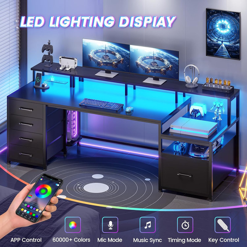75'' Large Computer Desk with File Drawer & Power Outlet Led Lights, Black