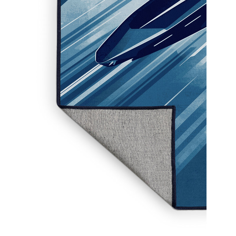 Machine Washable Maurice Flying Taxi Drone Modern Rug in Blue – Navy Binding, 2x4