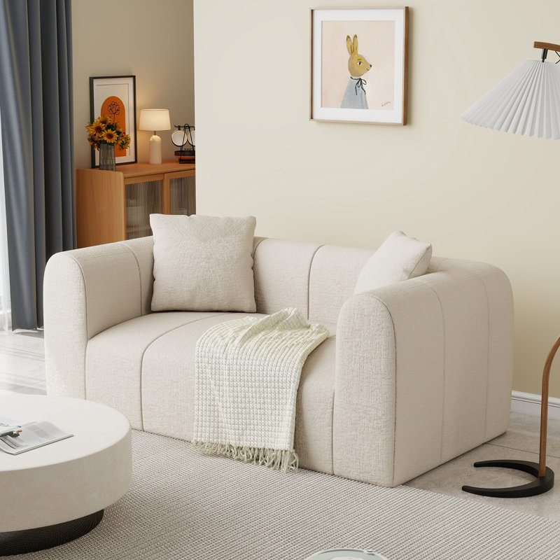65" Curved Chenille Loveseat with Two Pillows, Beige