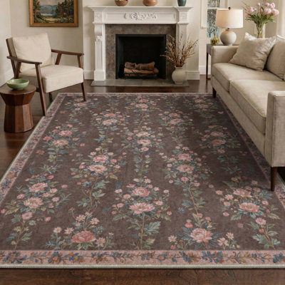 Bellingham Verdure Floral Machine Washable Pink / Green / Brown Indoor Area Rug with Non-Slip Backing