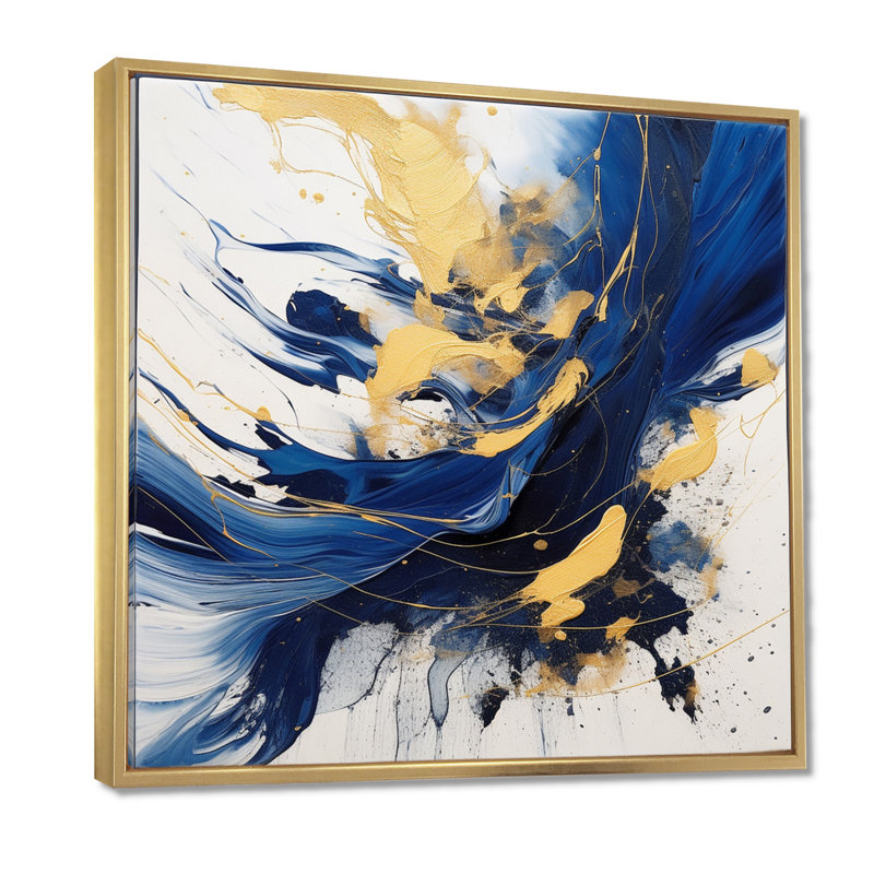 Art mural bleu foncé et or V - Fractals, Cadre flottant doré, 44" H x 44" W
