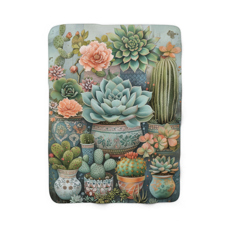 Oasis of Succulents - Couverture sherpa de qualité supérieure 1 pièce, L 80 po x l 60 po