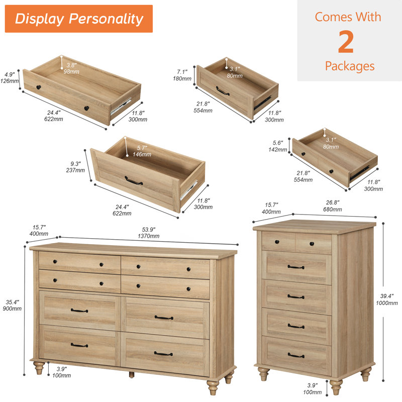 2 Piece Dresser Set - -Include One 5 Drawer Dresser & One 8 Drawer Dresser, Oak