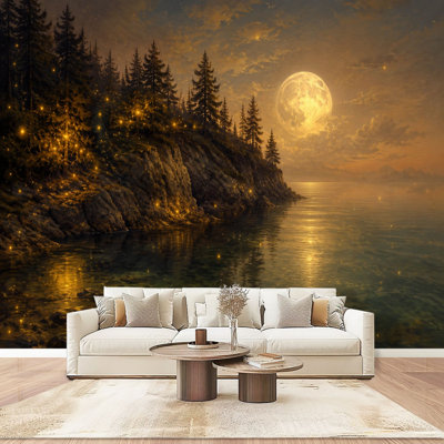Papier peint mural autocollant « Chemin forestier d'automne », pleine lune et feuillage doré, décoration murale moderne pour chambre et salon, 175 cm x 244 cm