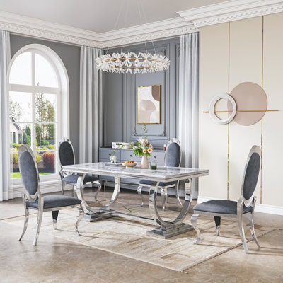 Rectangular Dining Set, Luxury Faux Marble Tabletop and PU Upholstered Chairs