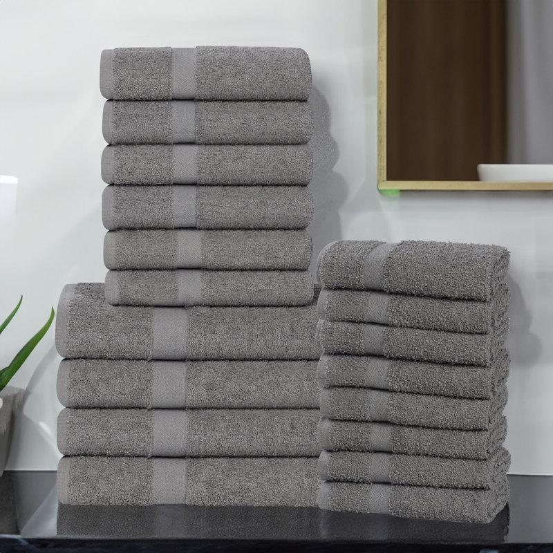 Josann Franklin 100% Cotton Lightweight Quick-Drying 18-Piece Assorted Towel Set, Charcoal