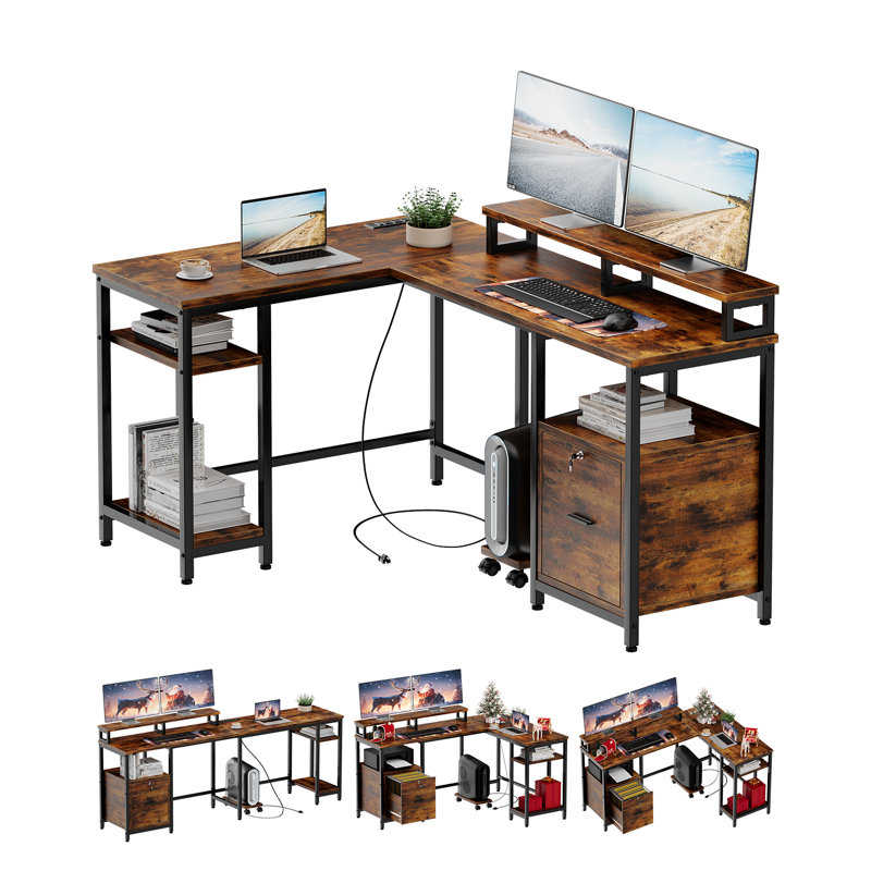 Bureau d'ordinateur en L GarveeHome avec tiroir classeur et prise de courant - tablette double moniteur, rangement réglable, espace pour imprimante, support pour unité centrale de traitement mobile - poste de travail d'angle spacieux pour le bureau à domicile ou les jeux