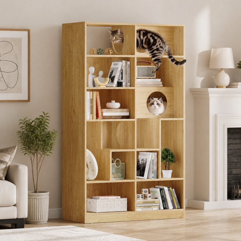 Étagère moderne 2 en 1 en bois avec rangement, niche pour chat, arbre à chat et bac à litière intégré - NATUREL
