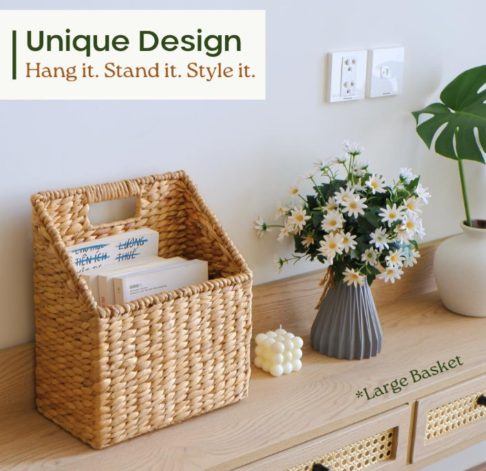 Set of 2 Natural Wicker Hanging Storage Baskets with Metal Frame