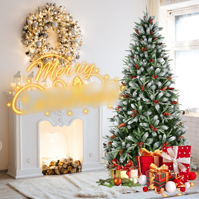 Arbre de Noël 8 pi, 2850 pointes, baies rouges, pin, Pe + recouvert de neige, conception à charnières, support en métal fiable