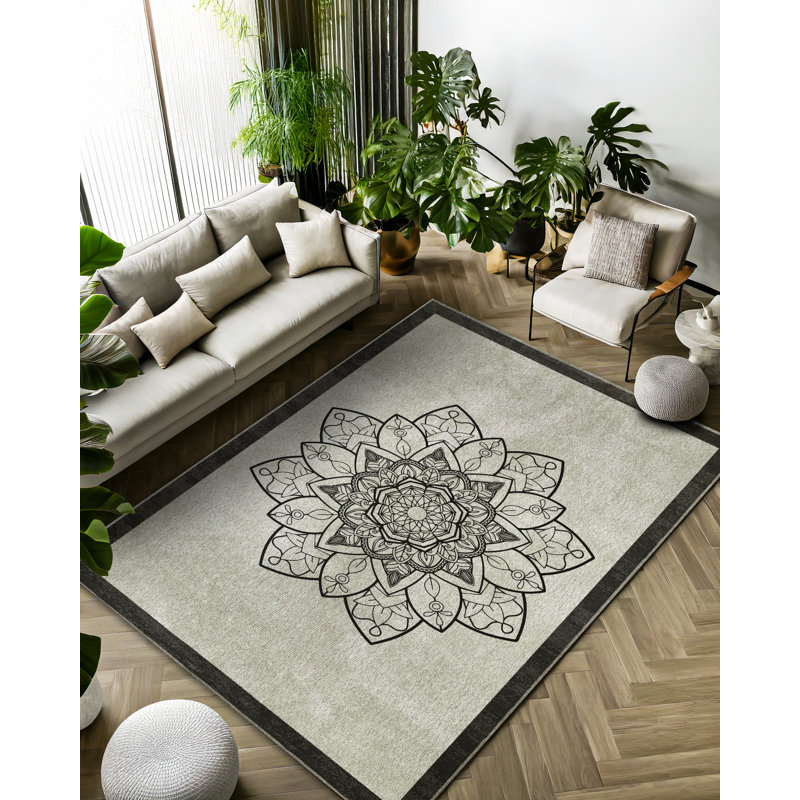 Qasida Collection Digital Print Cotton-Polyester Gray Black Moroccan Rug, Rectangle 6'7" x 8'3"
