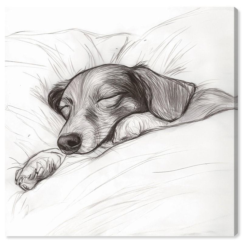 Vintage Dog Drawing on Canvas, 12" x 12", Brown and Beige