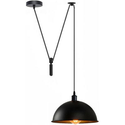 Black Dome Adjustable Pulley Pendant Light – Retro Industrial E26 Hanging Ceiling Lamp Fixture for Kitchen Island, Dining Room, Living Room, Bar & Café Décor