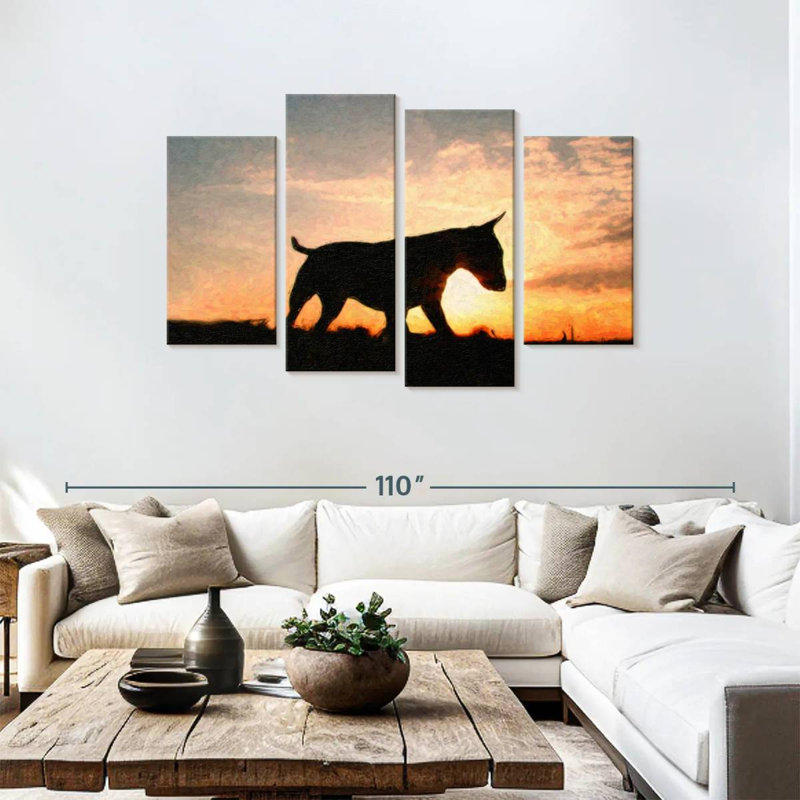 Bull terrier Brampt au coucher du soleil, H 48 po x l 75 po