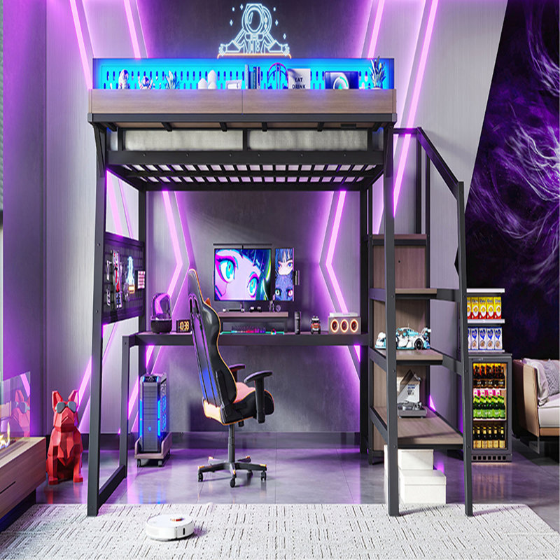 Lit mezzanine avec escalier de rangement, lit mezzanine avec tablette perforée et garde-robe intégré, cadre de lit mezzanine en métal avec ports USB et lumières DEL, conception à bruit réduit, noir