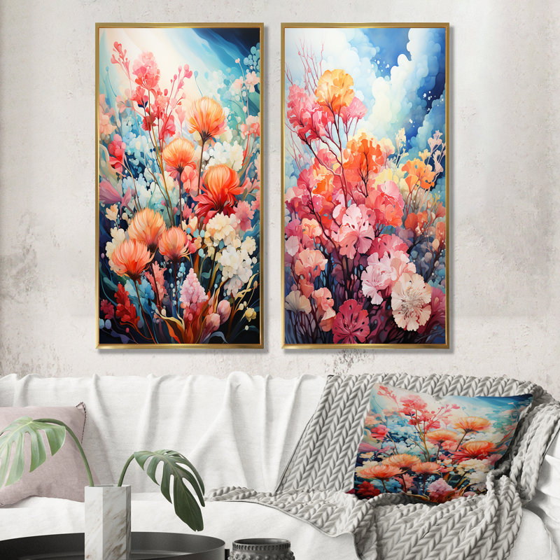 Ensemble de salon mural Coral Reef Barrier Gracefulness - Assortiment de bouquets de 2, Cadre flottant doré