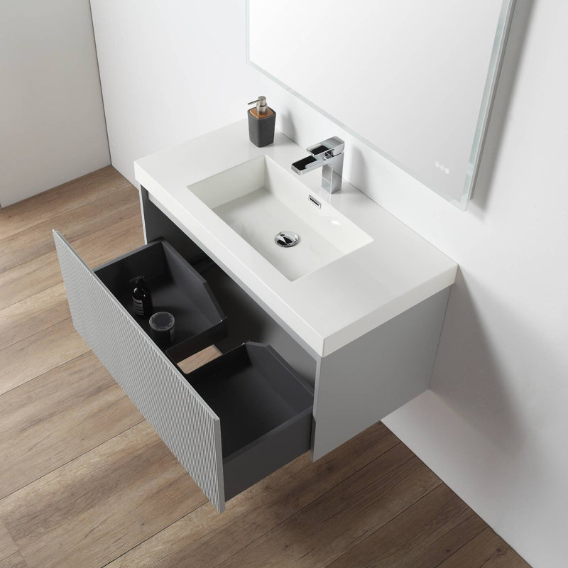 Lovold 36" Floating Bathroom Vanity with Acrylic Sink – Wall-Mounted Wood Cabinet with Fluted Front, Soft-Close Drawers & Modern Design