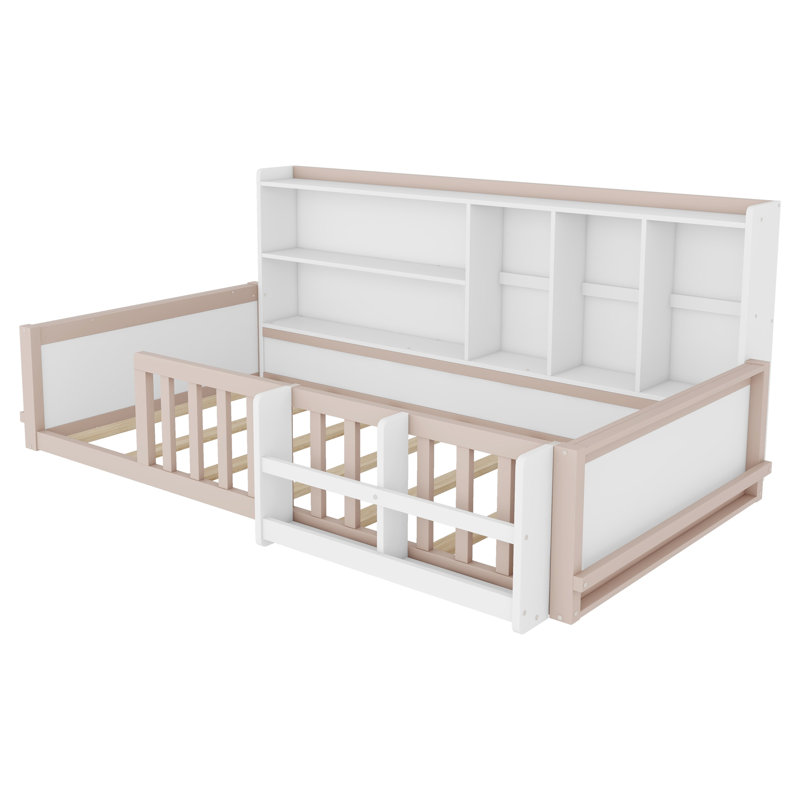 Base de lit plateforme en bois avec barrière de sécurité, tablettes de rangement latérales et étagère à livres, Lit simple