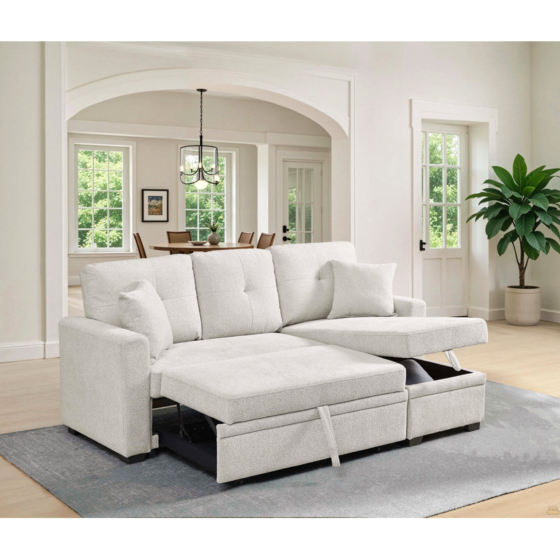 Canapé modulaire 76,5 po en mélange de lin avec lit escamotable et rangement pour chaise longue, Chenille beige, Beige