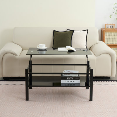 Glass Lift Top Coffee Table, Modern Simple 2-Layer Tempered Glass Coffee Table for Living Room, Black