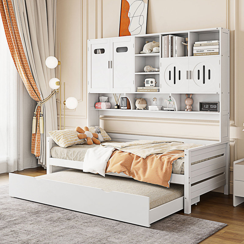 Lit de jour simple avec lit gigogne simple, armoire et tablette tout-en-un, lit de jour, Lit simple, Blanc