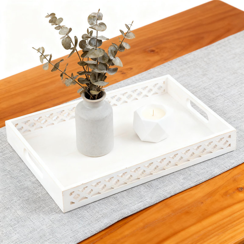 Wooden Serving Tray With Handles, Large Farmhouse Centerpiece For Coffee Table And Ottoman Decor