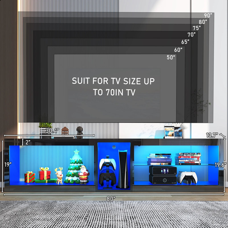 Grand meuble télé 80 po à DEL avec prise de courant pour téléviseur de 80 à 90 po, meuble télé noir avec lumières 70 000 couleurs, console télé à DEL ultrabrillante avec tablettes réglables en verre