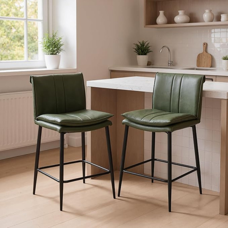 Upholstered Counter Stool with Metal Frame, Green