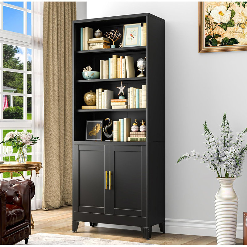 Modern Metal Tall Display Cabinet with 4 Adjustable Storage Shelves and 2 Doors, Black